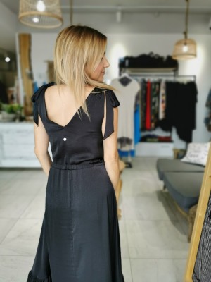 Czarna Sukienka maxi z wiązaniem w talii i falbanami Lisa Black