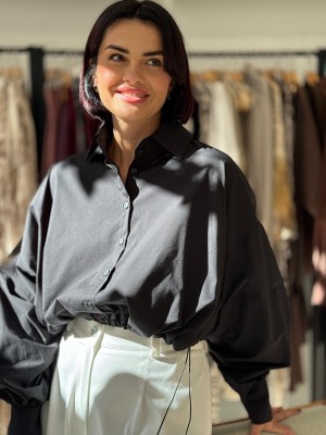 Czarna Koszula z bufiastym rękawem i ściągaczem przy talii Allani Black