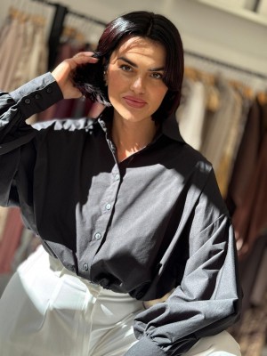 Czarna Koszula z bufiastym rękawem i ściągaczem przy talii Allani Black