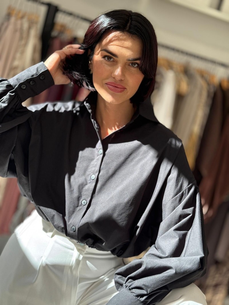 Miniatura produktu Czarna Koszula z bufiastym rękawem i ściągaczem przy talii Allani Black