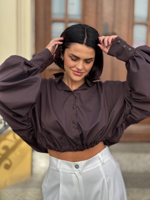 Brązowa Koszula z bufiastym rękawem i ściągaczem przy talii Allani Brown