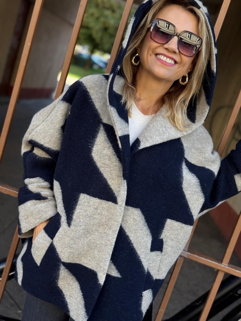 Miniatura produktu Wełniana krótka Kurtka w beżowo-granatowy wzór i kimonowymi rękawami Liwi Wool&Navy