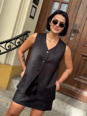 Czarna Elegancka Kamizelka przedłużona z guzikami Liam&Black