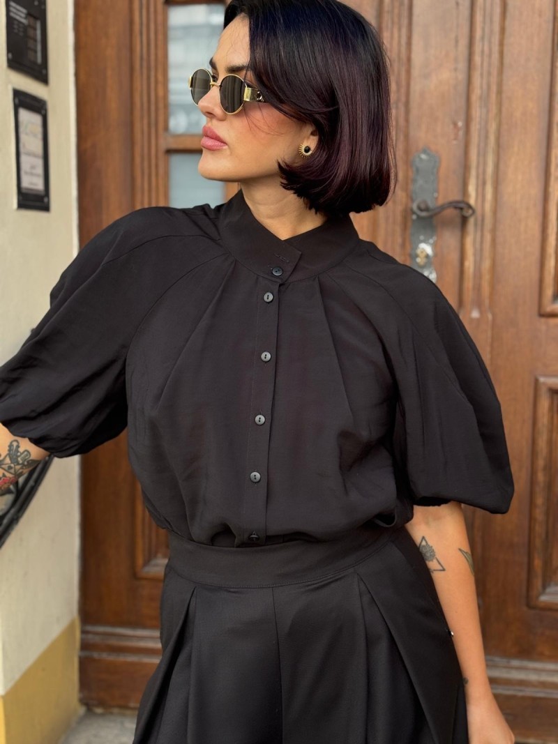 Miniatura produktu Wiskozowa Koszula ze stójką z bufiastymi rękawami w kolorze czarnym Ornella Black