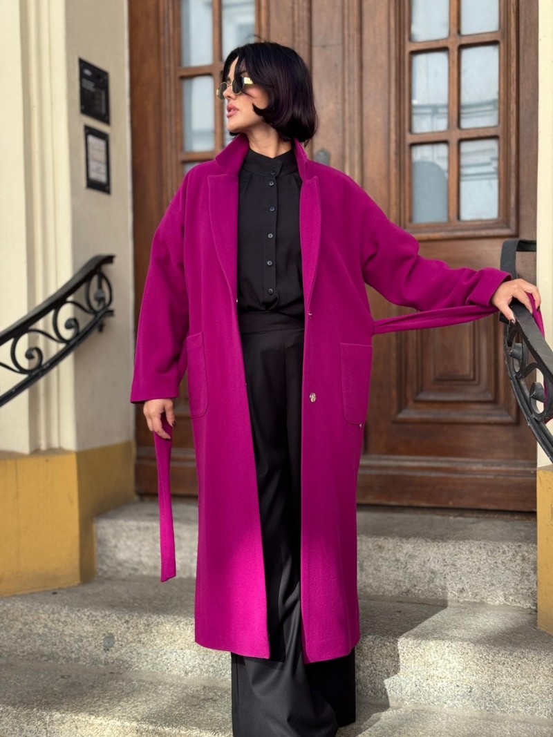 Miniatura produktu Długi Wełniany Płaszcz fuksjowy z kołnierzem i i paskiem w talii York Wool&Purple