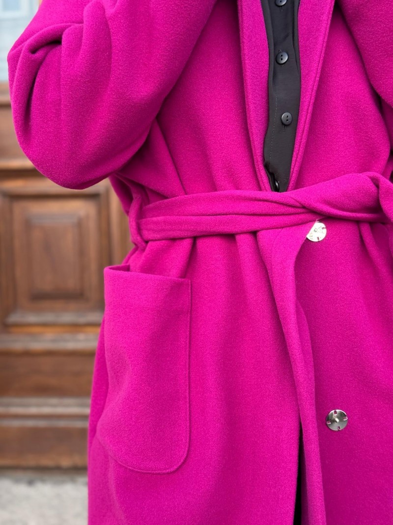 Miniatura produktu Długi Wełniany Płaszcz fuksjowy z kołnierzem i i paskiem w talii York Wool&Purple