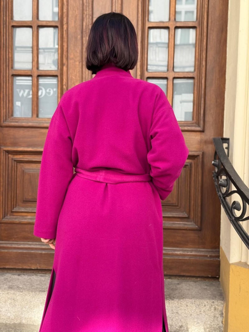 Miniatura produktu Długi Wełniany Płaszcz fuksjowy z kołnierzem i i paskiem w talii York Wool&Purple