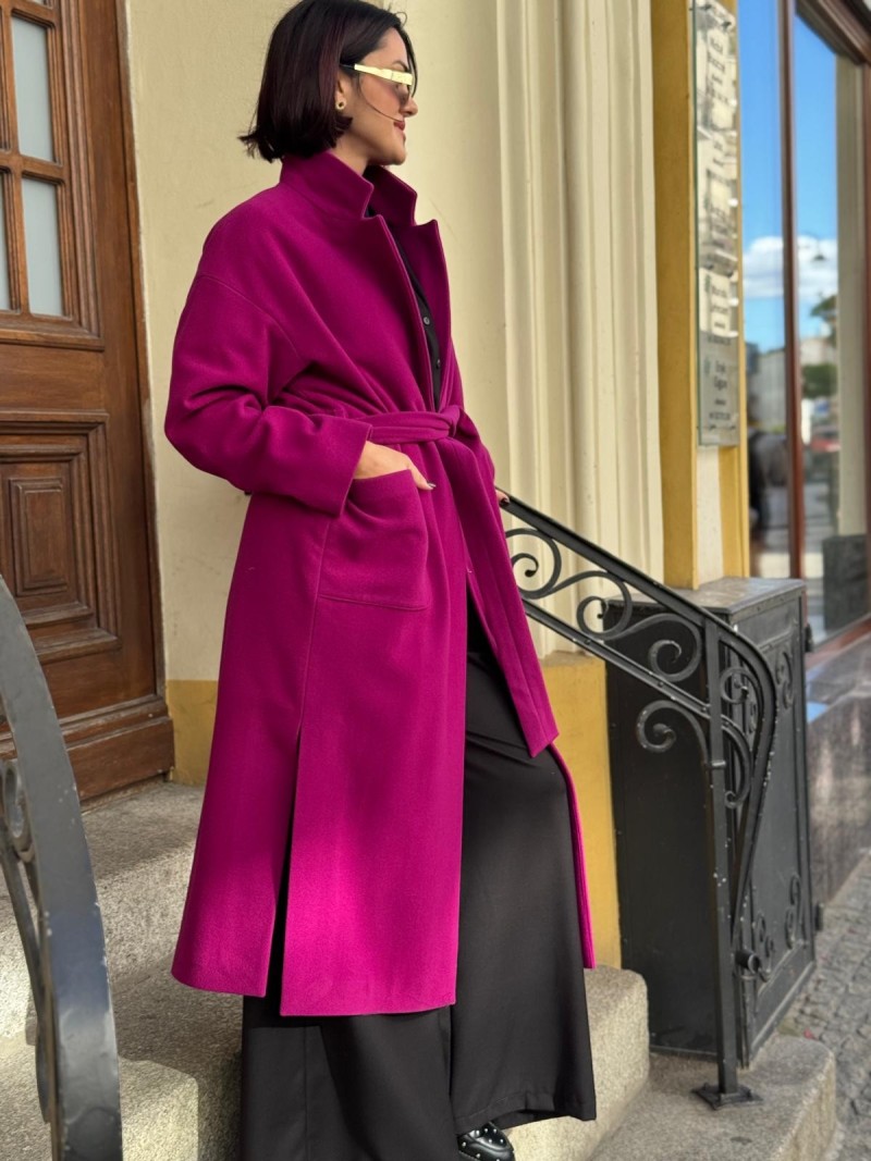 Miniatura produktu Długi Wełniany Płaszcz fuksjowy z kołnierzem i i paskiem w talii York Wool&Purple