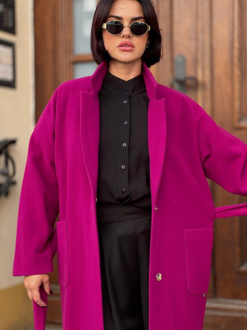 Miniatura produktu Długi Wełniany Płaszcz fuksjowy z kołnierzem i i paskiem w talii York Wool&Purple