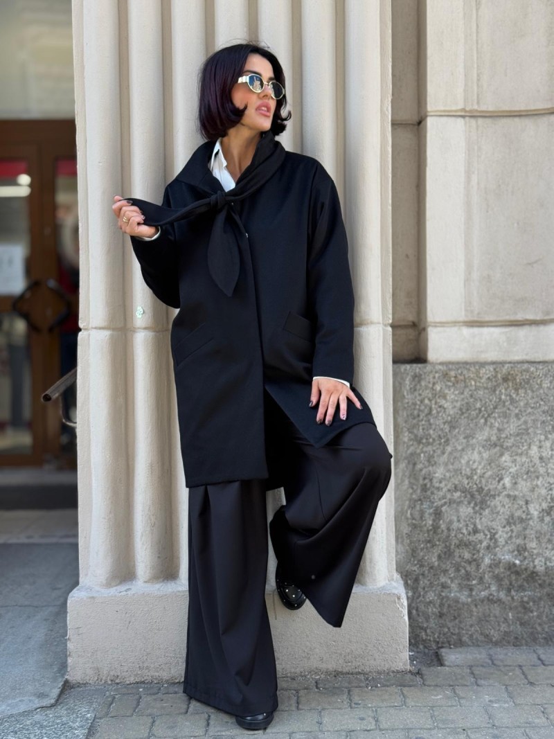 Miniatura produktu Czarny Wełniany Płaszcz zapinany na zatrzaski z ozdobnym szalem Olimpia Wool&Black