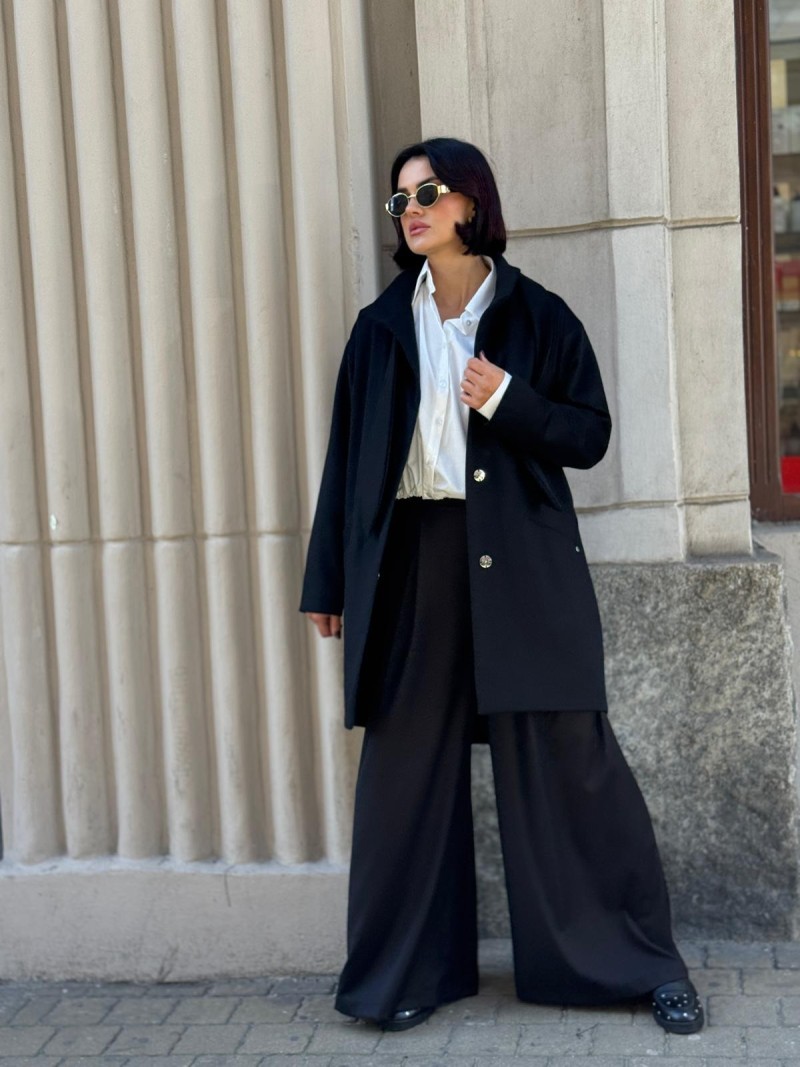 Miniatura produktu Czarny Wełniany Płaszcz zapinany na zatrzaski z ozdobnym szalem Olimpia Wool&Black