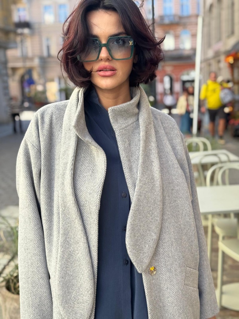 Miniatura produktu Szary Wełniany Płaszcz w jodełkę z szalem Olimpia Wool&Grey