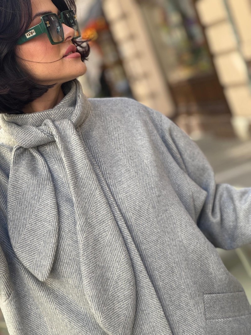 Miniatura produktu Szary Wełniany Płaszcz w jodełkę z szalem Olimpia Wool&Grey