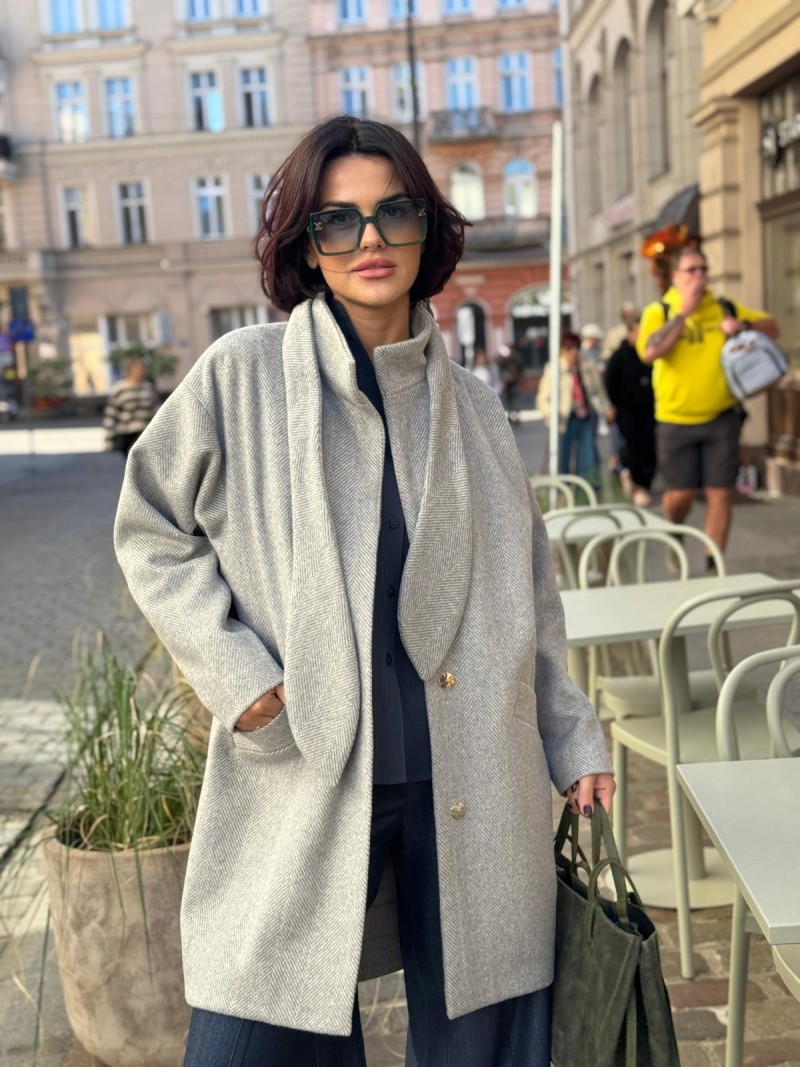 Miniatura produktu Szary Wełniany Płaszcz w jodełkę z szalem Olimpia Wool&Grey