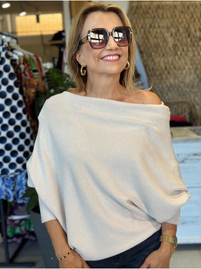 Asymetryczny damski Sweter Oversize z dekoltem w łódkę Olimpia Light Beige