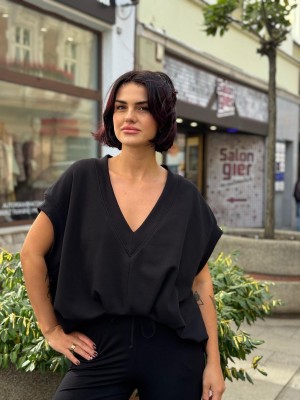 Czarna Bluza asymetryczna z dekoltem w szpic Vibe Black