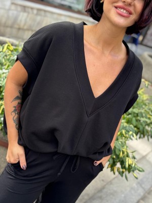 Czarna Bluza asymetryczna z dekoltem w szpic Vibe Black