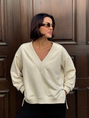 Beżowa Bawełniana Bluza asymetryczna z dekoltem V Fabricio Beige&Konopie