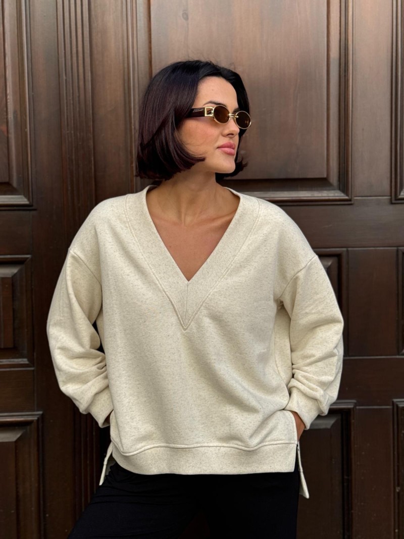 Miniatura produktu Beżowa Bawełniana Bluza asymetryczna z dekoltem V Fabricio Beige&Konopie