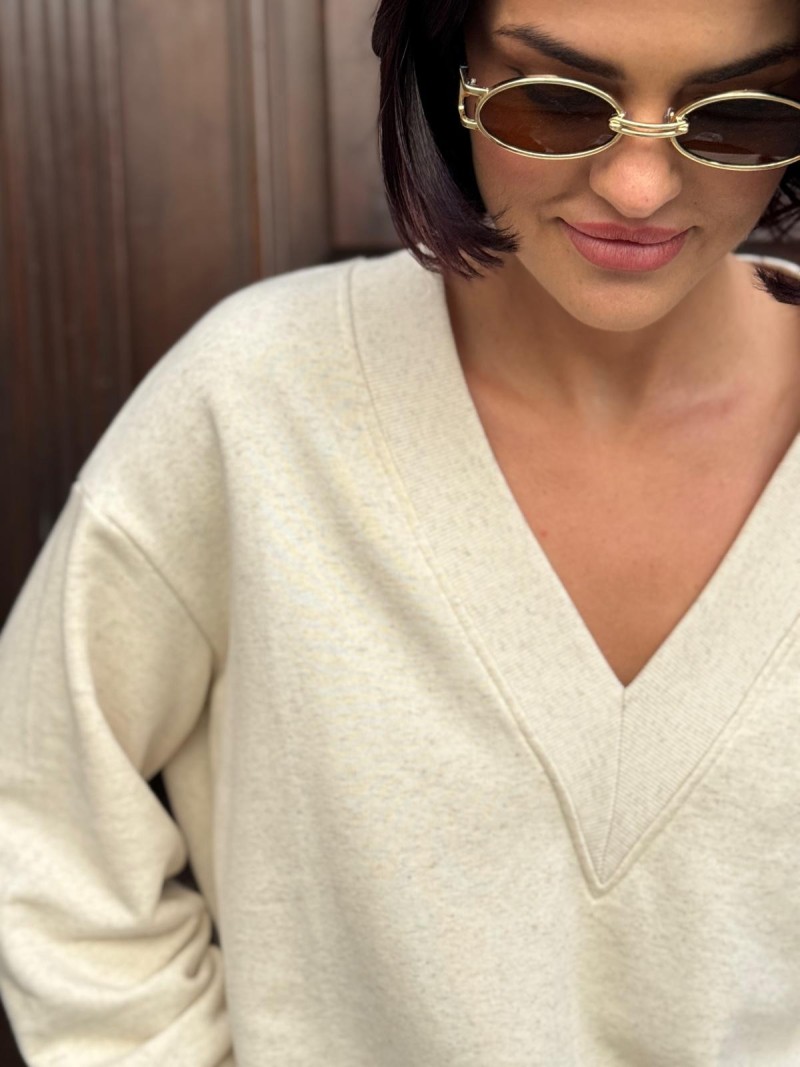 Miniatura produktu Beżowa Bawełniana Bluza asymetryczna z dekoltem V Fabricio Beige&Konopie