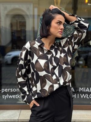 Wiskozowa Koszula brązowo-biała z mankietami i geometrycznym wzorem Coffee