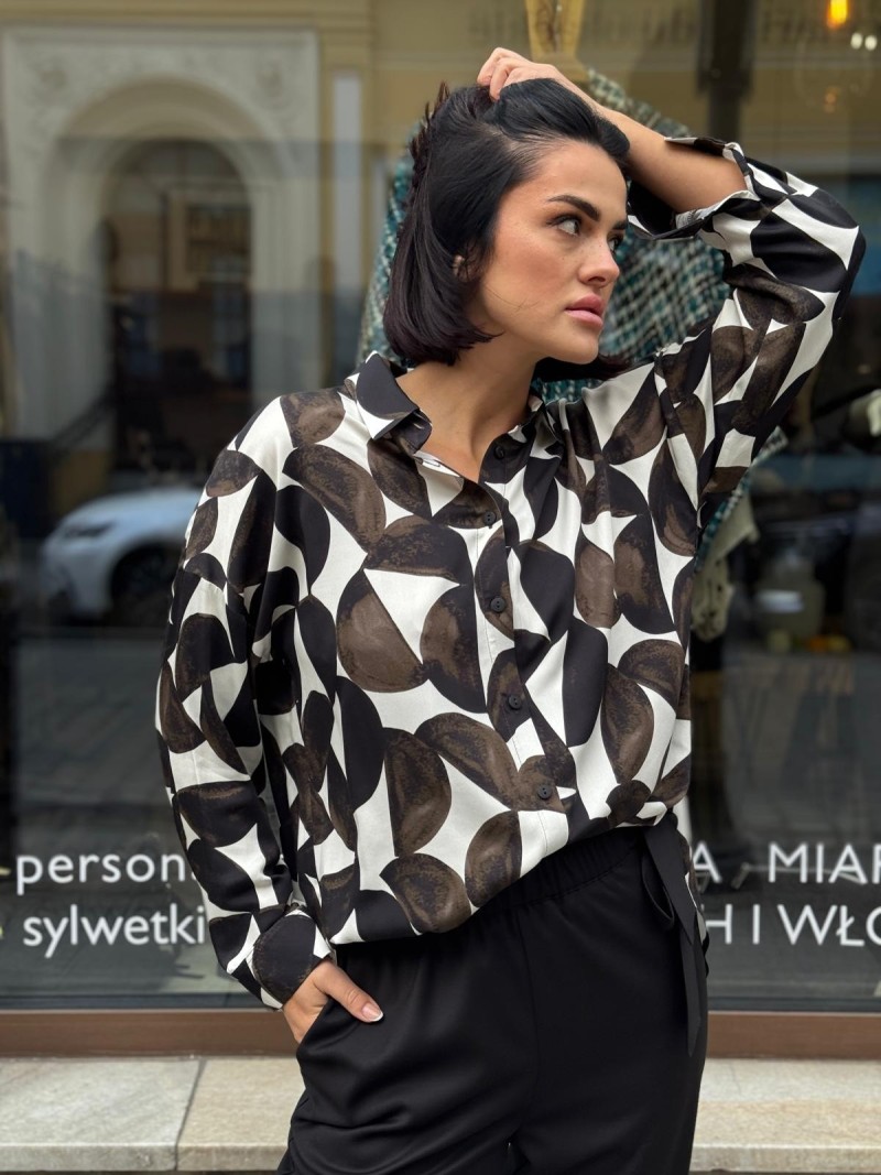 Miniatura produktu Wiskozowa Koszula brązowo-biała z mankietami i geometrycznym wzorem Coffee