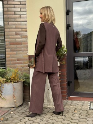 Prążkowane Spodnie Culoty z wysokim stanem i paskiem Taupe&Lines