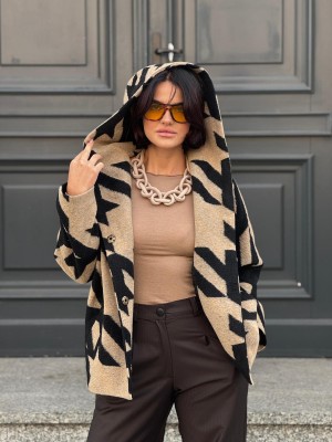 Kurtka Wełniana o kroju kimono z kapturem w kolorze czarno-beżowym Liwi Wool&Black