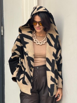 Kurtka Wełniana o kroju kimono z kapturem w kolorze czarno-beżowym Liwi Wool&Black