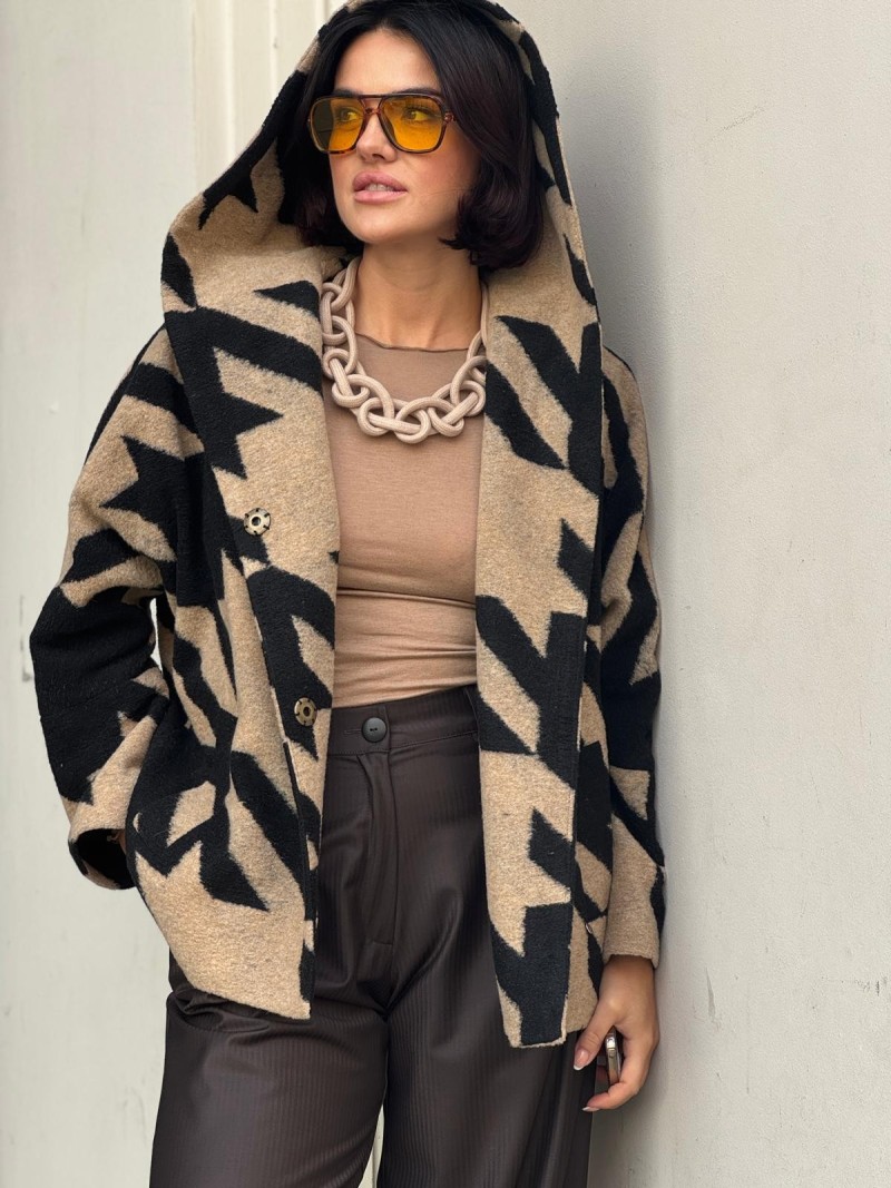 Miniatura produktu Kurtka Wełniana o kroju kimono z kapturem w kolorze czarno-beżowym Liwi Wool&Black