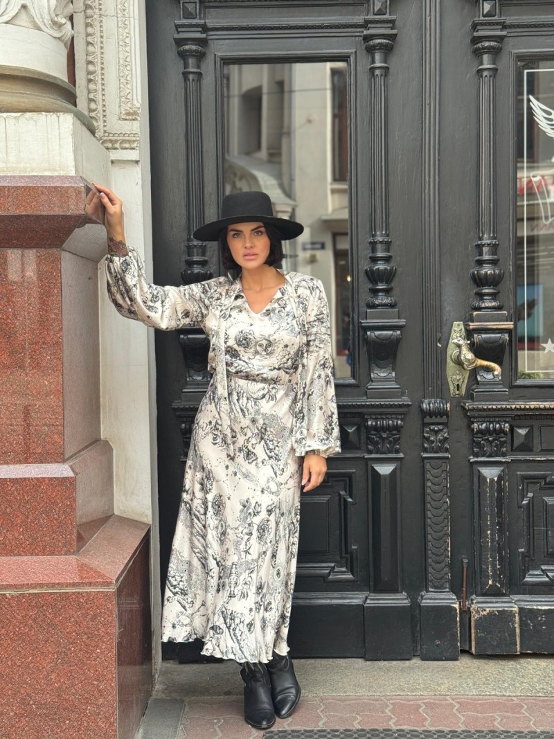 Miniatura produktu Wiskozowa Sukienka Midi z wiązaniem przy kołnierzu i zodiakalnym wzorem Soley Horoscope