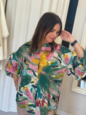 Wiskozowa kolorowa Koszula boho ze stójką i bufiastymi rękawami Fara Flowers