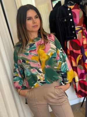 Wiskozowa kolorowa Koszula boho ze stójką i bufiastymi rękawami Fara Flowers