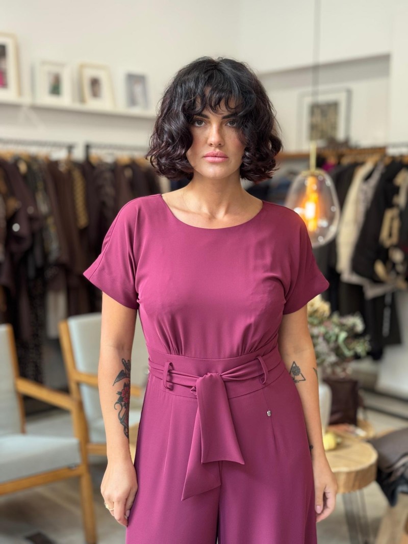 Miniatura produktu Bordowy kombinezon Damski z szerokimi nogawkami i wiązaniem Fryne Bordo