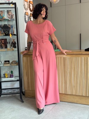 Kombinezon Damski z krótkim rękawem i szeroką nogawką w kolorze brzoskwiniowym Fryne Peach