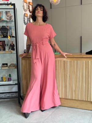 Kombinezon Damski z krótkim rękawem i szeroką nogawką w kolorze brzoskwiniowym Fryne Peach