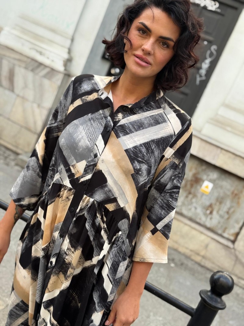 Miniatura produktu Wiskozowa Sukienka mini na guziki ze stójką w geometryczny wzór Lea Classic