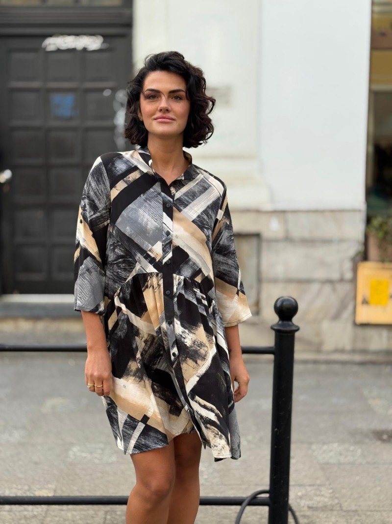 Miniatura produktu Wiskozowa Sukienka mini na guziki ze stójką w geometryczny wzór Lea Classic