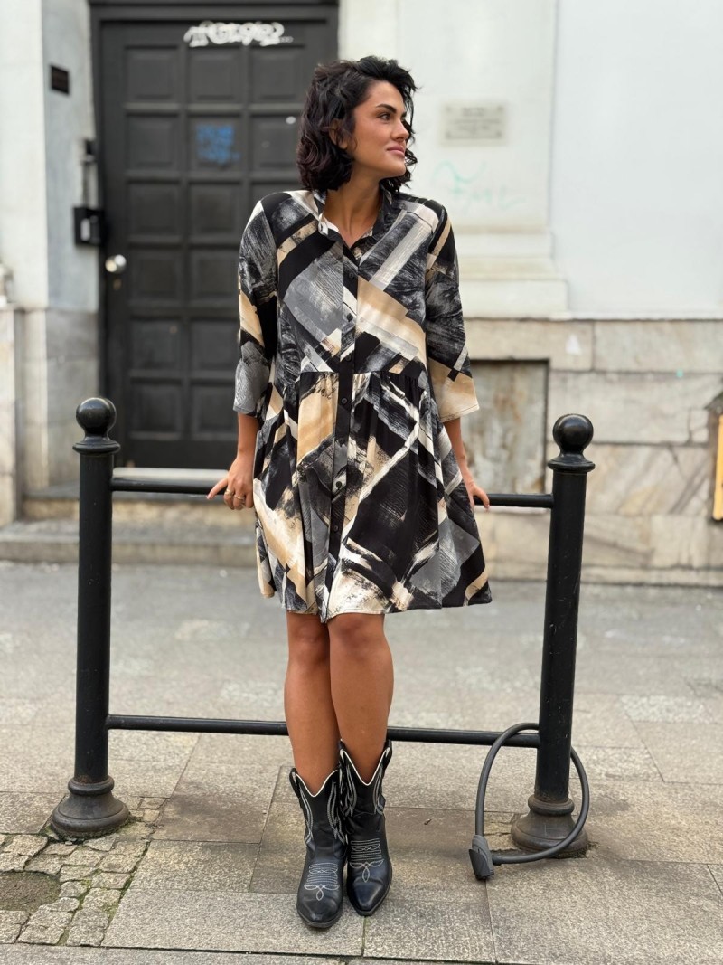 Miniatura produktu Wiskozowa Sukienka mini na guziki ze stójką w geometryczny wzór Lea Classic