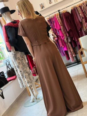 Cynamonowy Kombinezon Damski z szerokimi nogawkami Fryne Cynamon