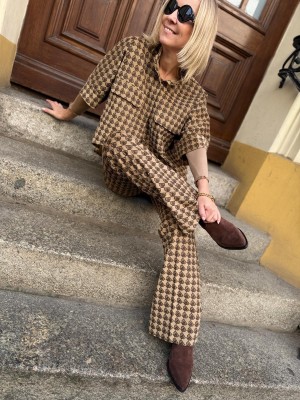 Beżowe Wdzianko bawełniane w kratkę i rękawem 3/4 Harper Camel&Letters