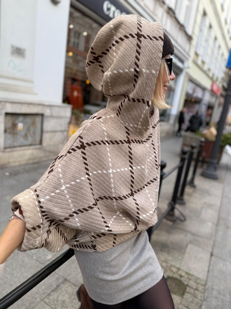 Miniatura produktu Wełniana Bluza z kapturem w beżową kratę i rękawami 3/4 Flow Wool&Geo
