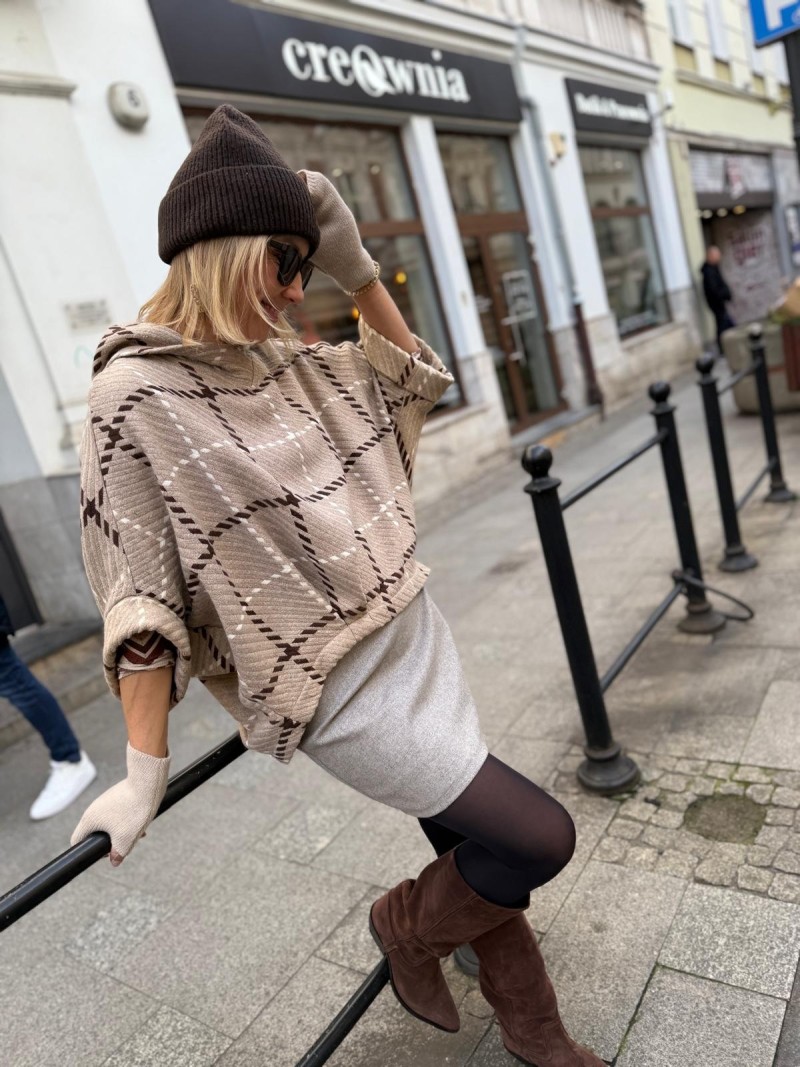 Miniatura produktu Wełniana Bluza z kapturem w beżową kratę i rękawami 3/4 Flow Wool&Geo