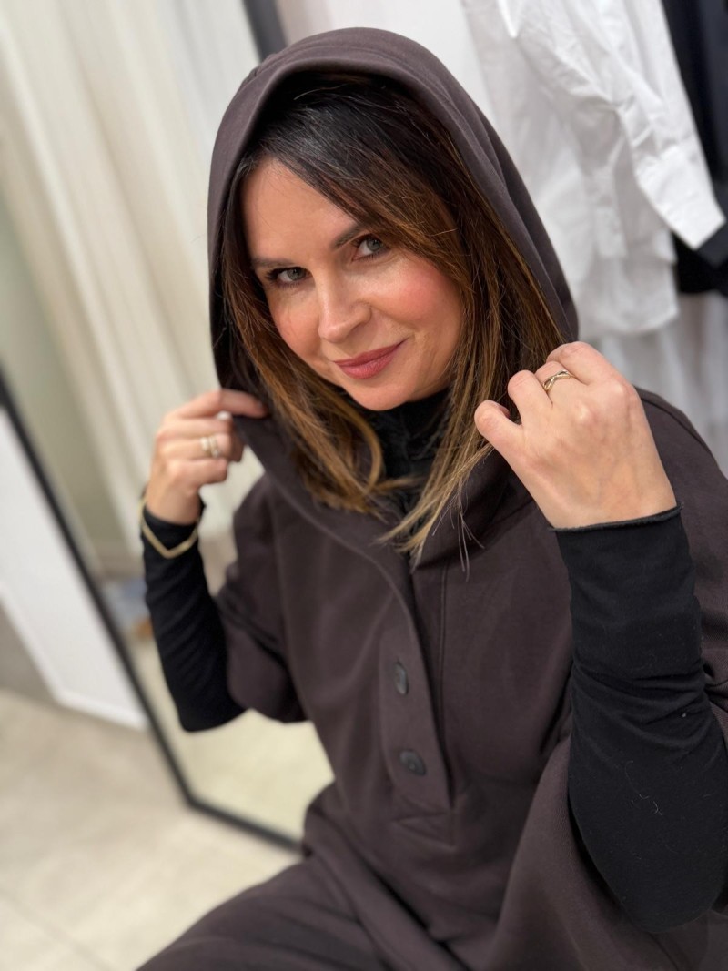 Miniatura produktu Brązowa bawełniana Bluza z kapturem i krótszym rękawem Polo Brown