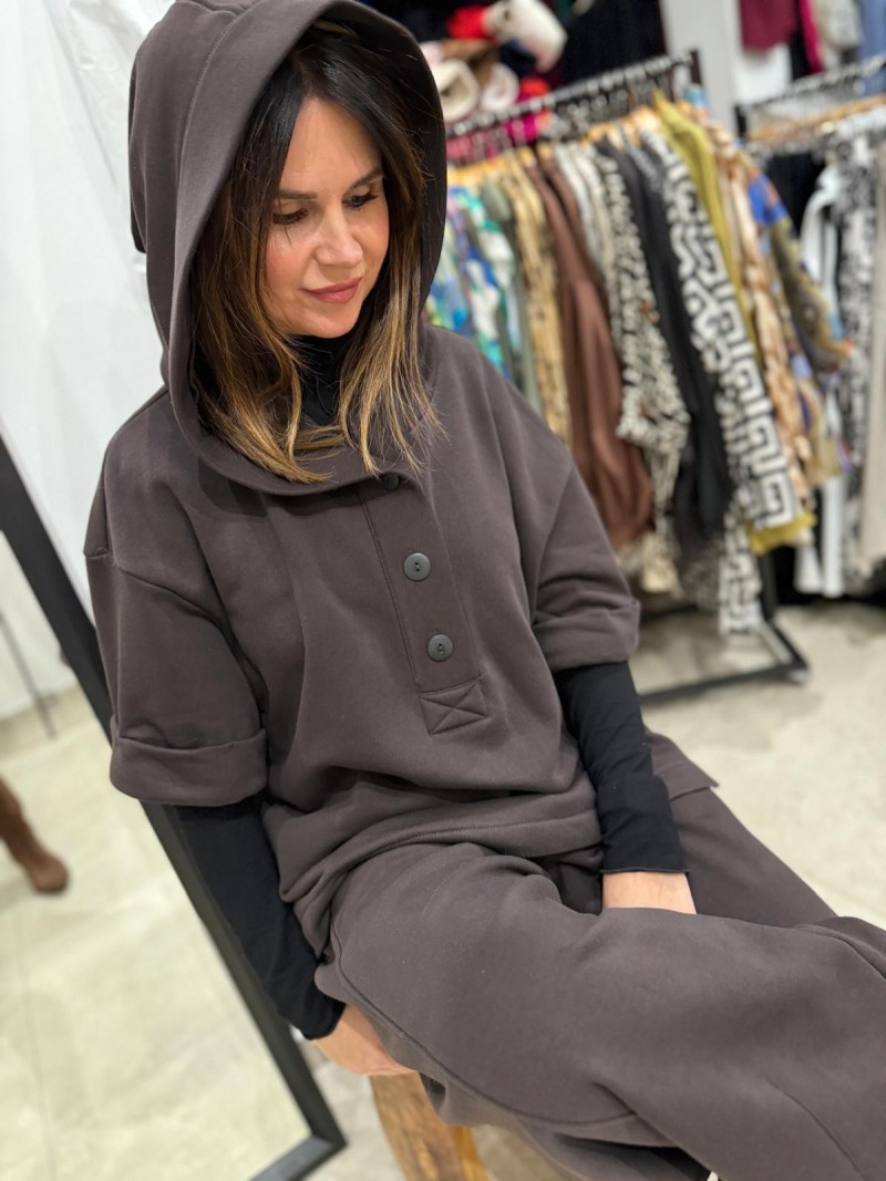 Miniatura produktu Brązowa bawełniana Bluza z kapturem i krótszym rękawem Polo Brown