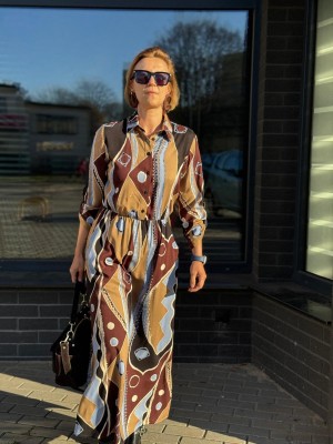 Wiskozowa Wzorzysta Sukienka Maxi z kołnierzykiem i odcięciem w talii Lusi Malawi