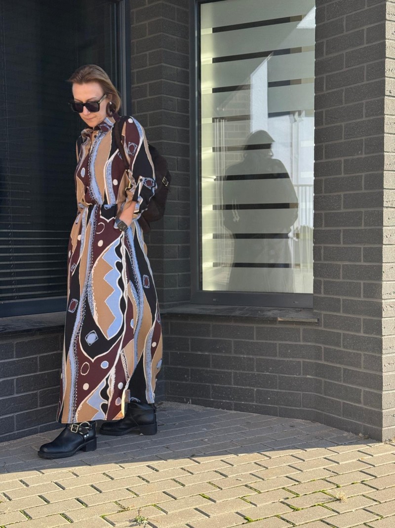 Miniatura produktu Wiskozowa Wzorzysta Sukienka Maxi z kołnierzykiem i odcięciem w talii Lusi Malawi