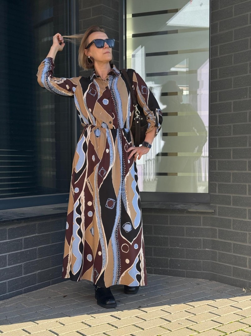 Miniatura produktu Wiskozowa Wzorzysta Sukienka Maxi z kołnierzykiem i odcięciem w talii Lusi Malawi