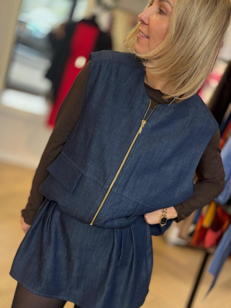 Miniatura produktu Kamizelka na zamek z kieszeniami w odcieniu ciemnego jeansu Gilet Jeans&Lyocell