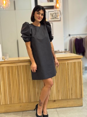 Czarna Sukienka Mini z bufiastymi rękawami i tłoczonym wzorem Marie G&Black